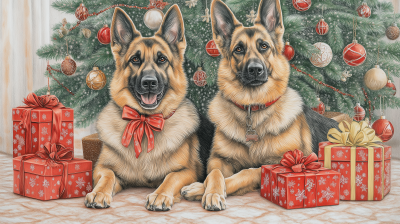 Happy German Shepherds by the Christmas Tree