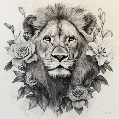 Majestic Lion with Flowers