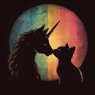 Dark Rainbow Unicorn and Cat Kissing Silhouette