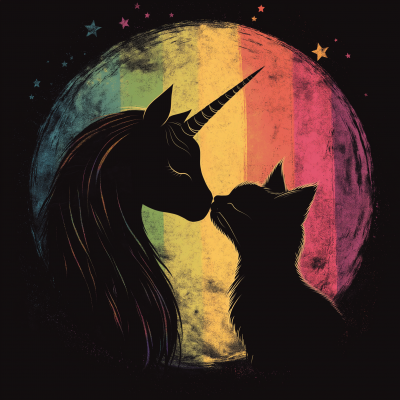 Dark Rainbow Unicorn and Cat Kissing Silhouette