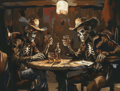 Cowboy Skeletons Drinking