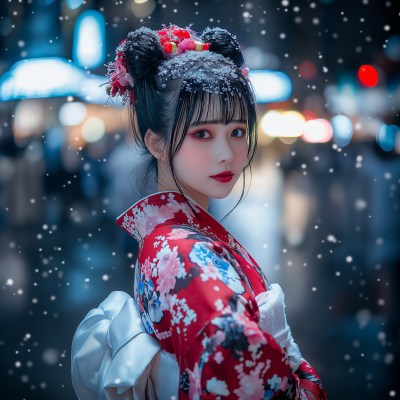 Japanese Girl in Kimono on Tokyo Street at Night