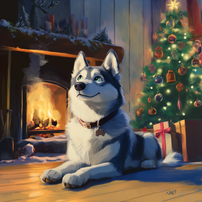 Daydreaming Husky by the Fireplace