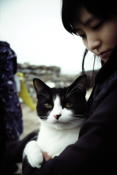 Girl with Tuxedo Cat at the Seaside