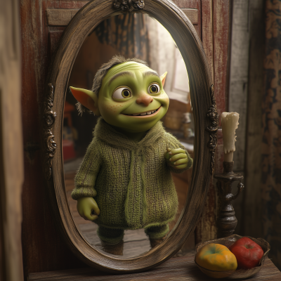 Green orc child mimicking in the mirror