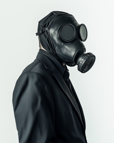 Man in Dark Suit with Gas Mask