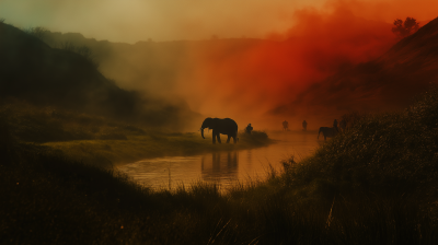 Red fog and elephant working in the field