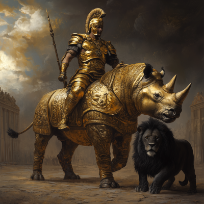 Golden Armor Roman Soldier Riding Rhinoceros with Black Lion