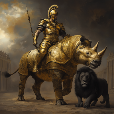 Roman soldier riding a rhinoceros with a black lion