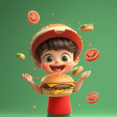 Happy Little Boy in Burger Hat with Floating Burgers