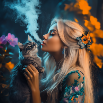 Blonde Girl with Cat and Flowers