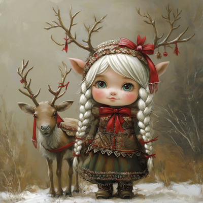 Gnome Dwarf Girl with Reindeer
