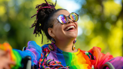 Smiling Woman in Rainbow Outfit