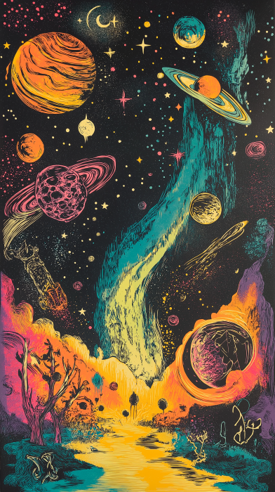 Colorful Space Themed Linocut