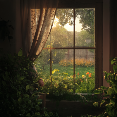 Cottage House Window with Garden View