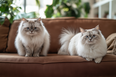 Persian and Ragdoll Cats on a Sofa