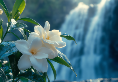 Gardenia Flower Against Waterfall