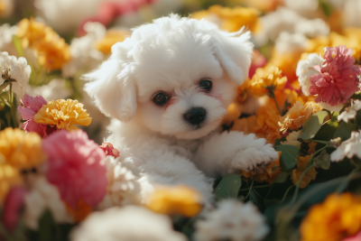 Bichon Frise in Blooming Flowers