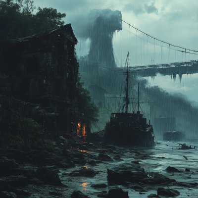 Wrecked Ship on Rainy Coast