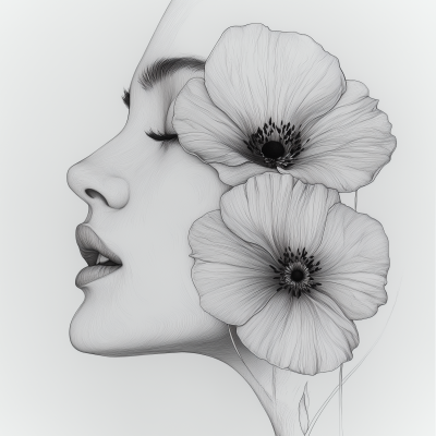 Face with Flowers Line Drawing