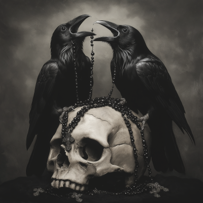 Ravens and Skull with Rosary Beads