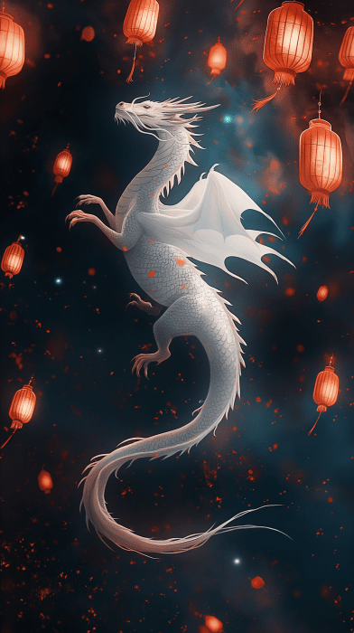 Majestic White Dragon in Night Sky