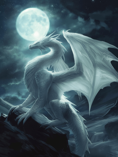 Majestic White Dragon Soaring Under Full Moon