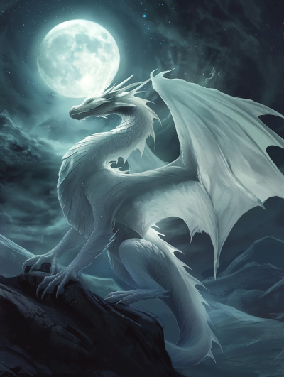 Majestic White Dragon Soaring Under Full Moon