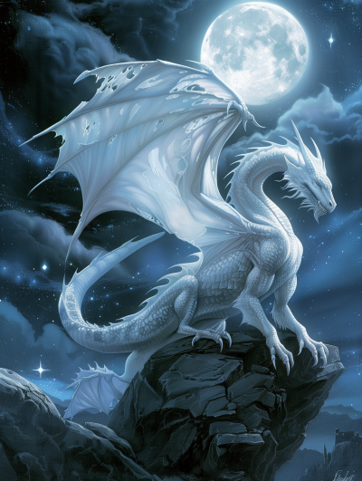 Majestic White Dragon Soaring Under Moonlight