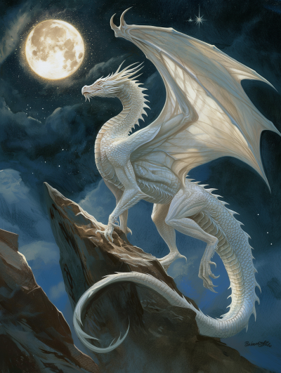 Majestic White Dragon Soaring Under the Full Moon