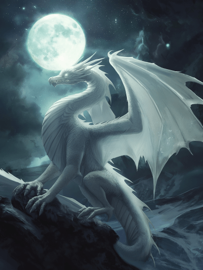 Majestic White Dragon Under Full Moon