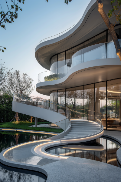Modern Villa Entrance with Glass Walls and Spiral Stairs