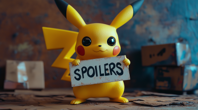 Stern Pikachu holding ‘SPOILERS’ sign