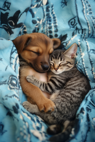 Puppy and Cat Sleeping Together