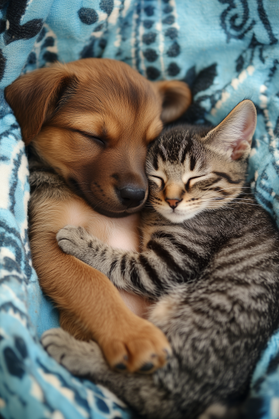 Puppy and Cat Sleeping Together