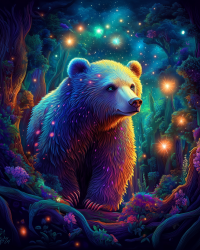 Mystical Bear in Neon Gradient Forest