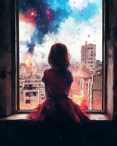 girl gazing at a destroyed city