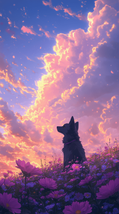 Dreamlike Flower Field with Playful Shiba Inu