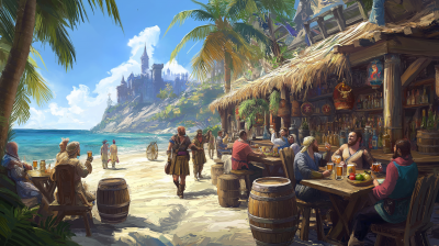 Lively Medieval Tavern on Tropical Beach