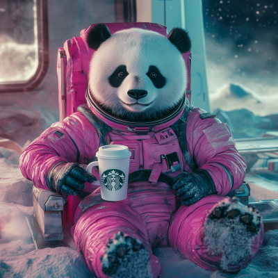 Panda in Pink Spacesuit Celebrating in Outer Space