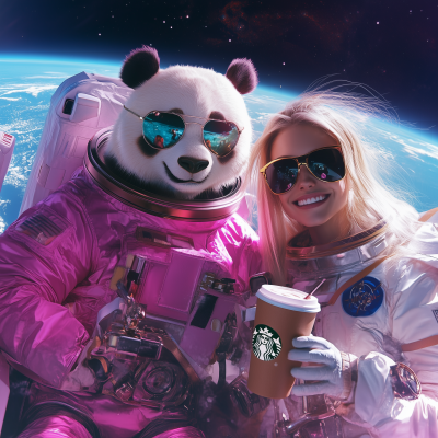 Panda and woman floating in space