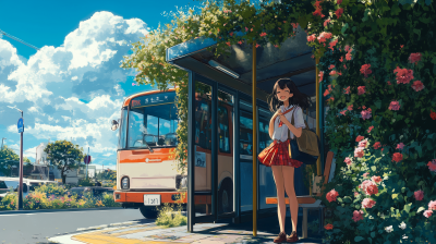 Girl Waiting for Bus in Ghibli Style