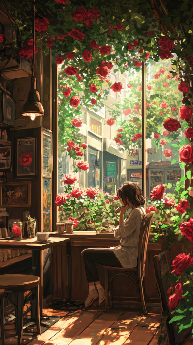 Girl in Coffee Shop with Roses