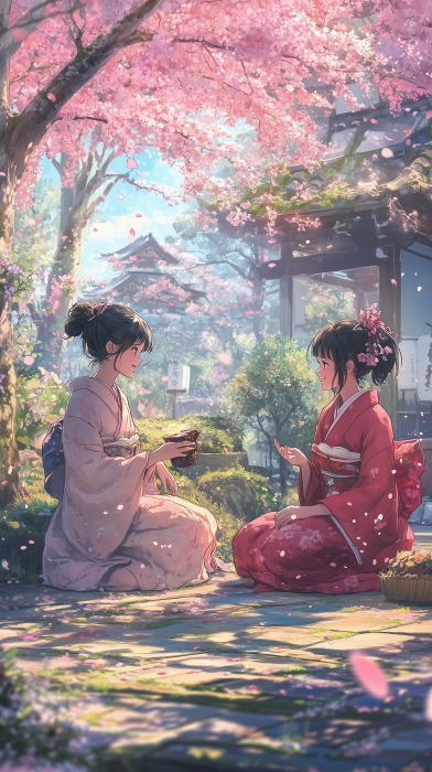 Chatting in the Cherry Blossom Garden