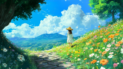 Girl Walking in Flower Farm