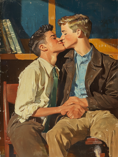 Vintage Book Cover: Hardy Boys and Boyfriend Kissing in Classroom