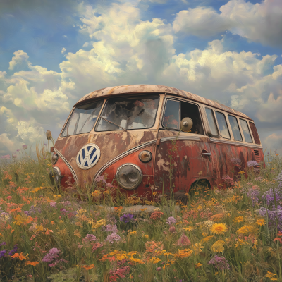 Vintage Van Surrounded by Flowers