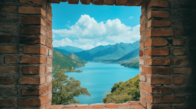 Scenic Mountain View from Old Brick Window