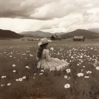 Vintage Cowgirl in a Flower Field