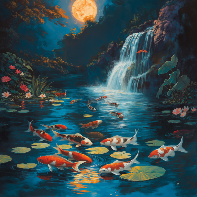 Tranquil Koi Pond at Night